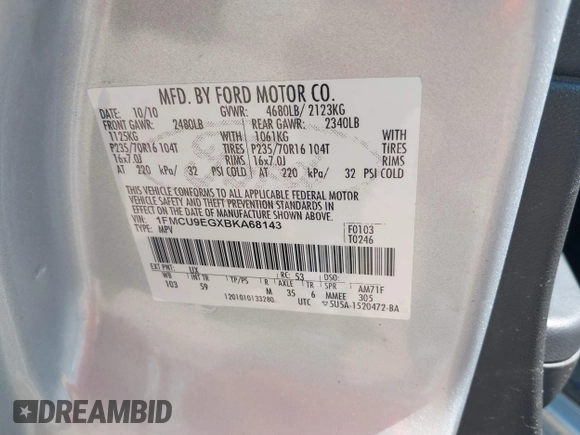 2011 Ford Escape Limited with VIN 1FMCU9EGXBKA68143, listed as a IAAI auction lot 42106149 with 131,427 mi miles and . Bid and sale history available at DreamBid. Image 9.