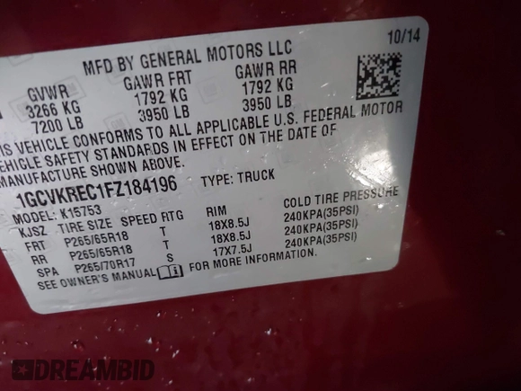 2015 Chevrolet Silverado 1500 LT with VIN 1GCVKREC1FZ184196, listed as a IAAI auction lot 41246741 with 108,028 mi miles and . Bid and sale history available at DreamBid. Image 9.