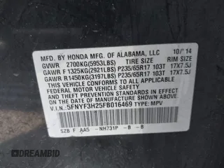 2015 Honda Pilot LX with VIN 5FNYF3H25FB016469, listed as a IAAI auction lot 41760874 with 188,837 mi miles and . Bid and sale history available at carsss.com. Image 9.