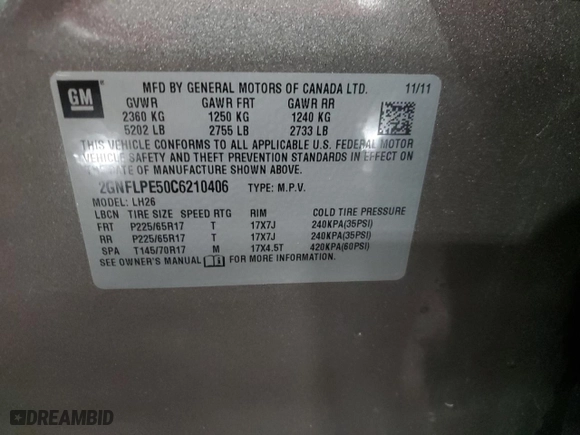 2012 Chevrolet Equinox LT w/2LT with VIN 2GNFLPE50C6210406, listed as a Copart auction lot 83333424 with 103,213 mi miles and Salvage Title. Bid and sale history available at carsss.com. Image 14.