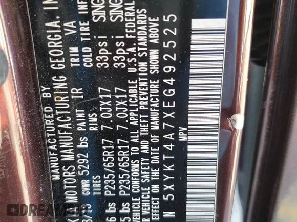 2014 Kia Sorento LX with VIN 5XYKT4A7XEG492525, listed as a Copart auction lot 46140765 with 162,233 mi miles and Salvage Title. Bid and sale history available at carsss.com. Image 14.