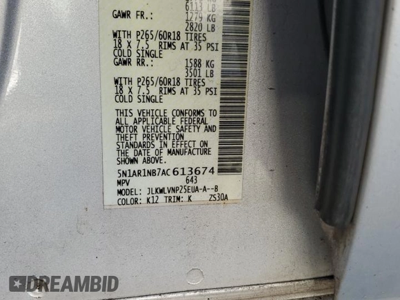 2010 Nissan Pathfinder S with VIN 5N1AR1NB7AC613674, listed as a Copart auction lot 57263035 with 103,397 mi miles and Salvage title. Bid and sale history available at DreamBid. Image 14.