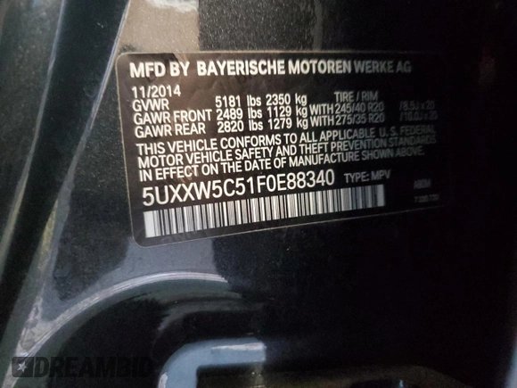 2015 BMW X4 xDrive35i with VIN 5UXXW5C51F0E88340, listed as a Copart auction lot 41765245 with 140,510 mi miles and Clean title. Bid and sale history available at DreamBid. Image 13.