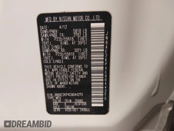 2012 Nissan Quest S z VIN JN8AE2KP4C9044275, wystawiony jako IAAI lot #41610060 z przebiegiem 147 561 mil mil oraz . Historia ofert i sprzedaży dostępna na DreamBid. Obrazek 9.