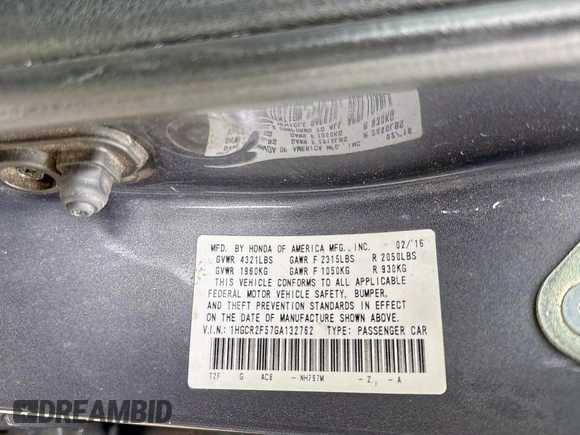 2016 Honda Accord Sport с VIN 1HGCR2F57GA132762, выставлен на аукционе Copart как лот 63671905 с пробегом 158 357 миль миль и Чистый • Clean title. История ставок и продаж доступна на DreamBid. Изображение 10.