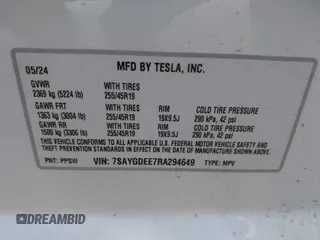 2024 Tesla Model Y Long Range z VIN 7SAYGDEE7RA294649, wystawiony jako IAAI lot #42022150 z przebiegiem 9 110 mil mil oraz . Historia ofert i sprzedaży dostępna na DreamBid. Obrazek 9.