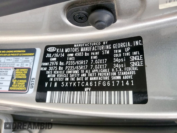 2015 Kia Sorento LX with VIN 5XYKTCA61FG617141, listed as a Copart auction lot 62824255 with 105,796 mi miles and Clean title. Bid and sale history available at DreamBid. Image 13.