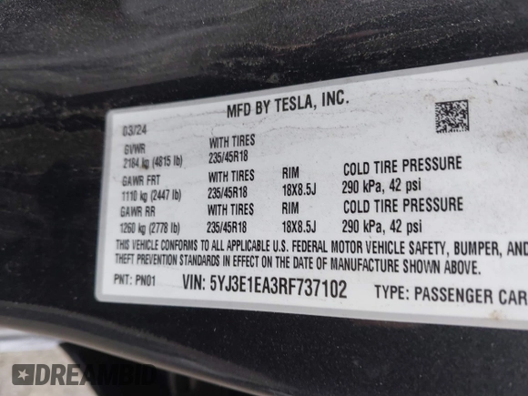 2024 Tesla Model 3 z VIN 5YJ3E1EA3RF737102, wystawiony jako IAAI lot #41562661 z przebiegiem 9 638 mil mil oraz . Historia ofert i sprzedaży dostępna na DreamBid. Obrazek 9.