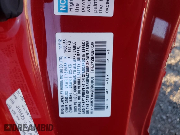2013 Honda CR-Z with VIN JHMZF1C49DS000050, listed as a Copart auction lot 79712424 with 118,527 mi miles and Salvage Title. Bid and sale history available at carsss.com. Image 12.