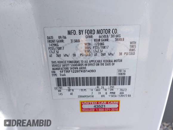 2007 Ford F-150 XL with VIN 1FTRF12297KB14393, listed as a IAAI auction lot 42303769 with 250,477 mi miles and . Bid and sale history available at DreamBid. Image 9.