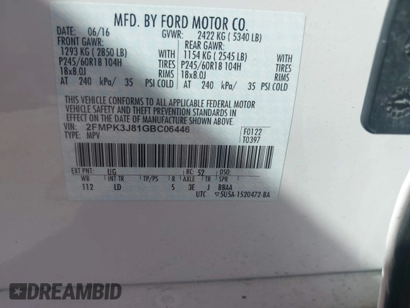 2016 Ford Edge SEL z VIN 2FMPK3J81GBC06446, wystawiony jako IAAI lot #42014098 z przebiegiem 57 751 mil mil oraz . Historia ofert i sprzedaży dostępna na DreamBid. Obrazek 9.