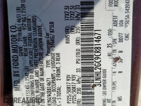 2012 Lincoln MKZ with VIN 3LNHL2GC9CR814671, listed as a Copart auction lot 49434085 with 91,914 mi miles and Salvage title. Bid and sale history available at DreamBid. Image 12.
