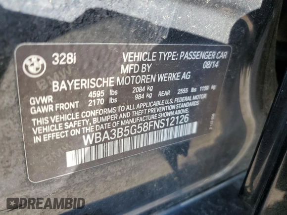 2015 BMW 3 Series 328i xDrive z VIN WBA3B5G58FNS12126, wystawiony jako Copart lot #56388875 z przebiegiem 68 386 mil mil oraz Szkoda całkowita • Salvage title. Historia ofert i sprzedaży dostępna na DreamBid. Obrazek 13.