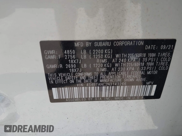 2022 Subaru Outback Limited with VIN 4S4BTANC2N3143266, listed as a IAAI auction lot 42278788 with 21,855 mi miles and . Bid and sale history available at DreamBid. Image 9.