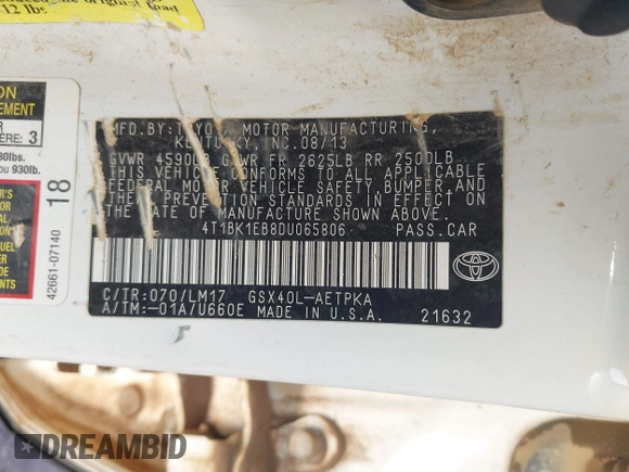 2013 Toyota Avalon XLE with VIN 4T1BK1EB8DU065806, listed as a IAAI auction lot 42043614 with 197,049 mi miles and . Bid and sale history available at DreamBid. Image 9.