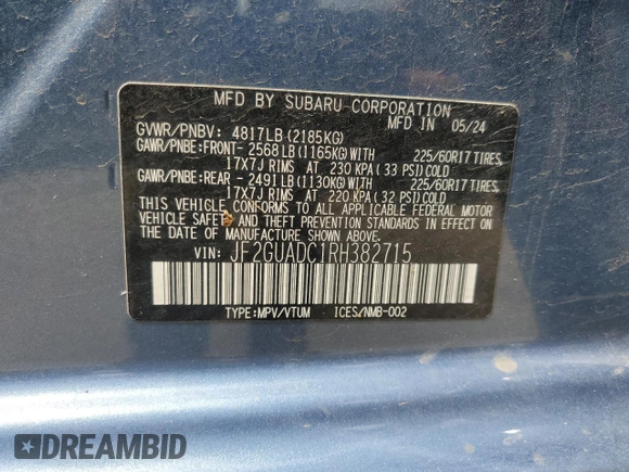 2024 Subaru Crosstrek Premium z VIN JF2GUADC1RH382715, wystawiony jako Copart lot #55476855 z przebiegiem 17 919 mil mil oraz Szkoda całkowita • Salvage title. Historia ofert i sprzedaży dostępna na DreamBid. Obrazek 13.