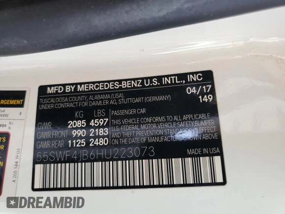 2017 Mercedes-Benz C 300 with VIN 55SWF4JB6HU223073, listed as a Copart auction lot 62393865 with 95,400 mi miles and Salvage title. Bid and sale history available at DreamBid. Image 12.