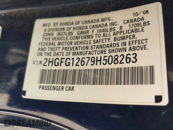 2009 Honda Civic Cpe LX with VIN 2HGFG12679H508263, listed as a IAAI auction lot 41498344 with 128,876 mi miles. Bid and sale history available at carsss.com. Image 9.
