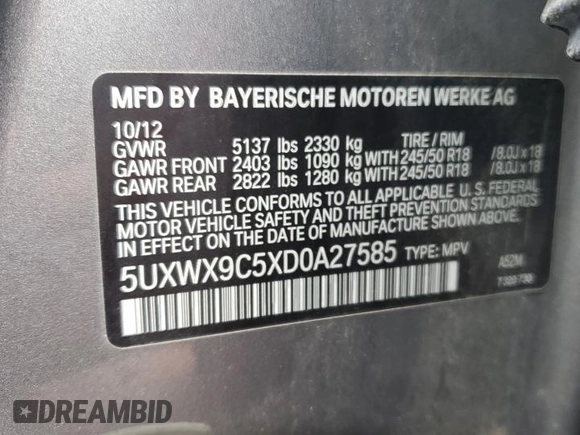 2013 BMW X3 xDrive28i with VIN 5UXWX9C5XD0A27585, listed as a Copart auction lot 50823985 with 119,802 mi miles and Clean Title. Bid and sale history available at carsss.com. Image 13.