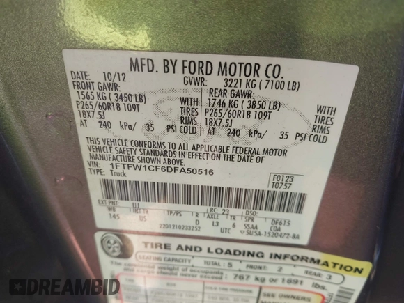 2013 Ford F-150 XL with VIN 1FTFW1CF6DFA50516, listed as a IAAI auction lot 42494073 with 226,393 mi miles and . Bid and sale history available at DreamBid. Image 9.