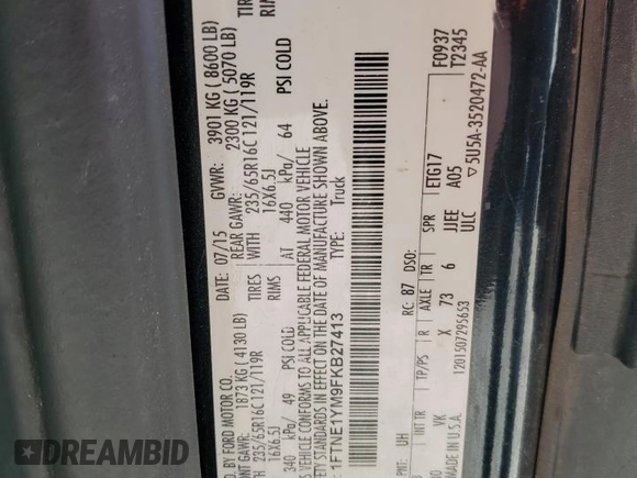 2015 Ford Transit Cargo with VIN 1FTNE1YM9FKB27413, listed as a Copart auction lot 53175155 with 262,291 mi miles and Salvage Title. Bid and sale history available at carsss.com. Image 13.
