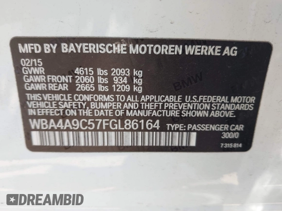 2015 BMW 4 Series 428i with VIN WBA4A9C57FGL86164, listed as a IAAI auction lot 42629769 with 123,984 mi miles and . Bid and sale history available at DreamBid. Image 9.