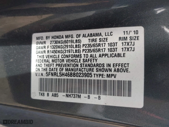 2011 Honda Odyssey EX with VIN 5FNRL5H46BB023905, listed as a IAAI auction lot 41425049 with 163,012 mi miles. Bid and sale history available at carsss.com. Image 9.