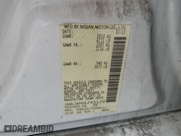 2014 Nissan Altima S with VIN 1N4AL3AP4EN245120, listed as a Copart auction lot 51545535 with 233,940 mi miles and Clean Title. Bid and sale history available at DreamBid. Image 12.