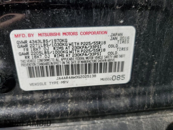 2016 Mitsubishi Outlander SEL with VIN JA4AR4AW3GZ025138, listed as a Copart auction lot 57803615 with 90,005 mi miles and Salvage title. Bid and sale history available at DreamBid. Image 13.