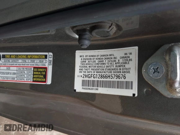 2006 Honda Civic EX with VIN 2HGFG12866H579676, listed as a IAAI auction lot 42095481 with 203,737 mi miles and . Bid and sale history available at DreamBid. Image 9.