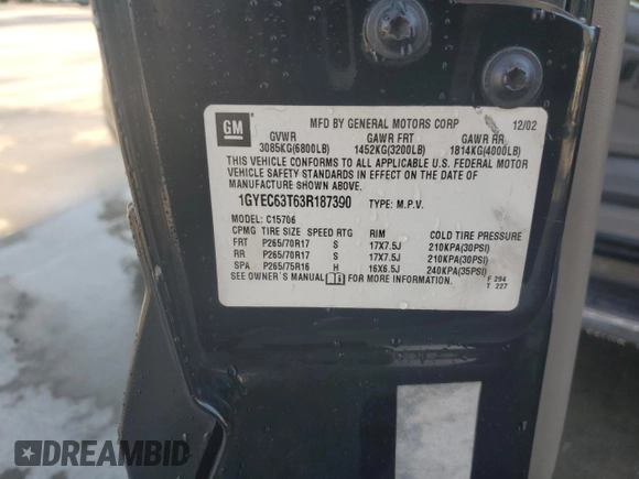 2003 Cadillac Escalade with VIN 1GYEC63T63R187390, listed as a Copart auction lot 89055315 with Not provided miles and Salvage title. Bid and sale history available at DreamBid. Image 13.