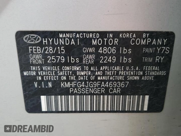 2015 Hyundai Azera with VIN KMHFG4JG9FA469367, listed as a Copart auction lot 61413525 with 136,608 mi miles and Salvage title. Bid and sale history available at DreamBid. Image 12.