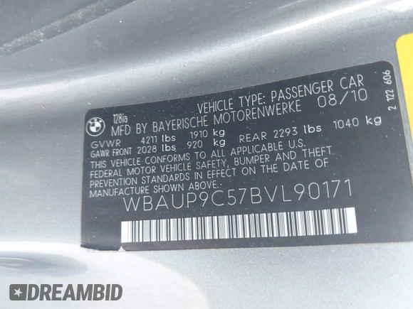 2011 BMW 1 Series 128i with VIN WBAUP9C57BVL90171, listed as a IAAI auction lot 42801051 with 150,148 mi miles and . Bid and sale history available at DreamBid. Image 9.