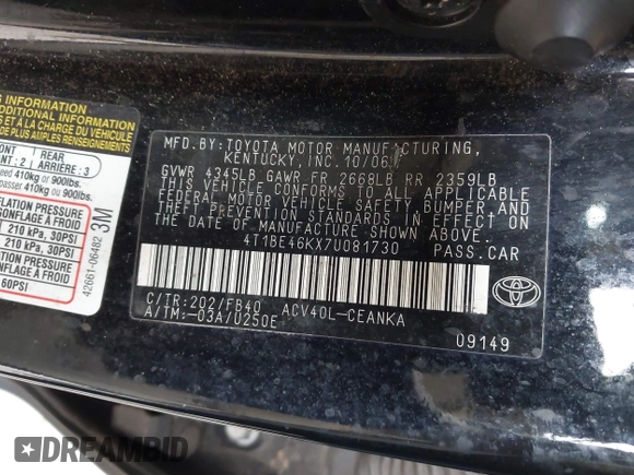 2007 Toyota Camry CE with VIN 4T1BE46KX7U081730, listed as a IAAI auction lot 41765725 with 231,354 mi miles. Bid and sale history available at carsss.com. Image 9.