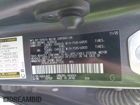 2021 Toyota 4Runner Limited with VIN JTEKU5JR3M5877545, listed as a IAAI auction lot 42294045 with 105,372 mi miles and . Bid and sale history available at DreamBid. Image 9.