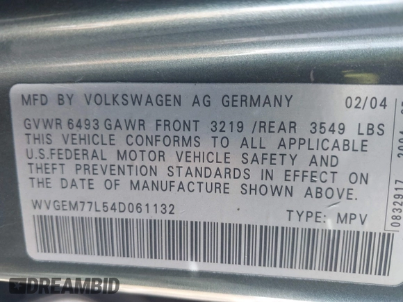 2004 Volkswagen Touareg with VIN WVGEM77L54D061132, listed as a IAAI auction lot 42127905 with 146,801 mi miles and . Bid and sale history available at DreamBid. Image 9.