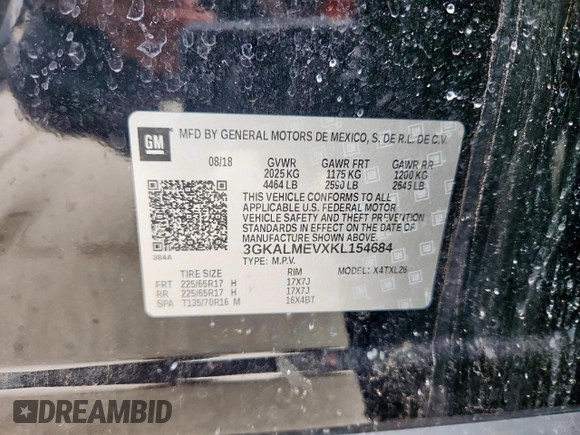 2019 GMC Terrain SLE with VIN 3GKALMEVXKL154684, listed as a Copart auction lot 58127115 with 94,865 mi miles and Salvage title. Bid and sale history available at DreamBid. Image 13.