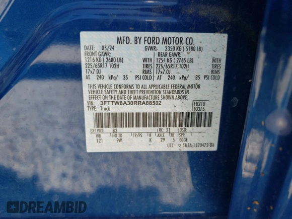 2024 Ford Maverick XL с VIN 3FTTW8A30RRA88502, выставлен на аукционе Copart как лот 56855515 с пробегом Не указан миль и Списание • Salvage title. История ставок и продаж доступна на DreamBid. Изображение 12.