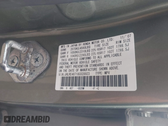 2008 Honda CR-V EX-L z VIN JHLRE48718C028923, wystawiony jako IAAI lot #42199025 z przebiegiem 250 087 mil mil oraz . Historia ofert i sprzedaży dostępna na DreamBid. Obrazek 9.