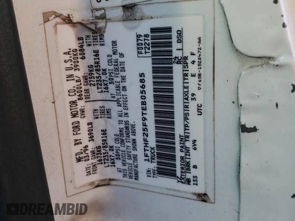 1996 Ford F-250 with VIN 1FTHF25F9TEB05685, listed as a Copart auction lot 78354604 with 222,010 mi miles and Salvage title. Bid and sale history available at DreamBid. Image 12.