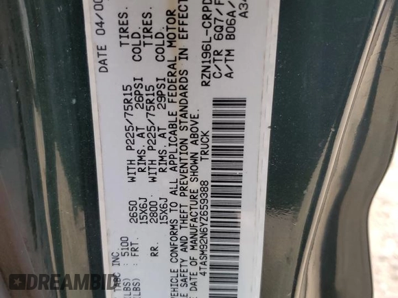 2000 Toyota Tacoma PreRunner с VIN 4TASM92N6YZ659388, выставлен на аукционе Copart как лот 51325555 с пробегом 133 397 миль миль и Списание • Salvage title. История ставок и продаж доступна на DreamBid. Изображение 13.