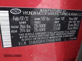2022 Hyundai Santa Fe SEL z VIN 5NMS24AJ7NH431010, wystawiony jako IAAI lot #42235797 z przebiegiem 18 496 mil mil oraz . Historia ofert i sprzedaży dostępna na DreamBid. Obrazek 9.