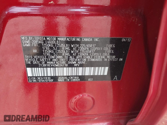 2013 Toyota RAV4 LE with VIN 2T3BFREV4DW034718, listed as a IAAI auction lot 42522511 with 219,920 mi miles and . Bid and sale history available at DreamBid. Image 9.