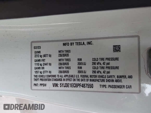 2023 Tesla Model 3 Performance z VIN 5YJ3E1EC8PF487550, wystawiony jako IAAI lot #42093712 z przebiegiem 27 305 mil mil oraz . Historia ofert i sprzedaży dostępna na DreamBid. Obrazek 9.