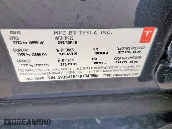 2019 Tesla Model S 100D z VIN 5YJSA1E44KF349058, wystawiony jako Copart lot #57670865 z przebiegiem 39 613 mil mil oraz Szkoda całkowita • Salvage title. Historia ofert i sprzedaży dostępna na DreamBid. Obrazek 12.