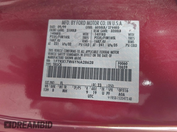 2000 Ford F-150 XL with VIN 1FTRX17W6YNA28628, listed as a IAAI auction lot 42207232 with Not provided miles and . Bid and sale history available at DreamBid. Image 9.