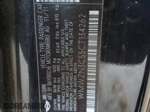 2012 MINI Convertible z VIN WMWZN3C55CT134262, wystawiony jako Copart lot #38224724 z przebiegiem 58 082 mil mil oraz Nie do naprawy • Non repairable. Historia ofert i sprzedaży dostępna na DreamBid. Obrazek 12.