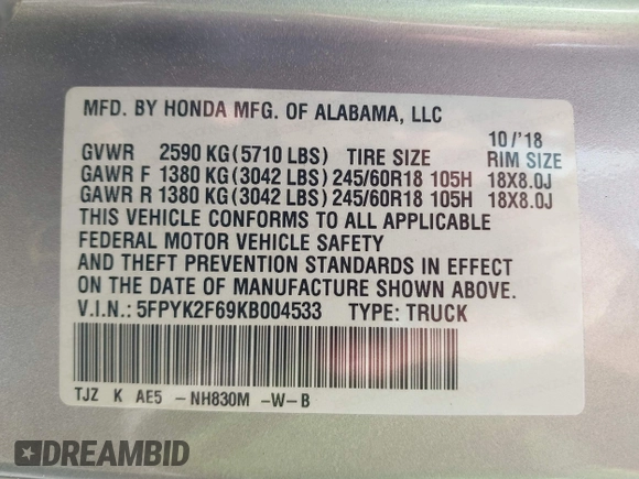 2019 Honda Ridgeline RTL-T z VIN 5FPYK2F69KB004533, wystawiony jako IAAI lot #42042586 z przebiegiem 71 789 mil mil oraz . Historia ofert i sprzedaży dostępna na DreamBid. Obrazek 9.