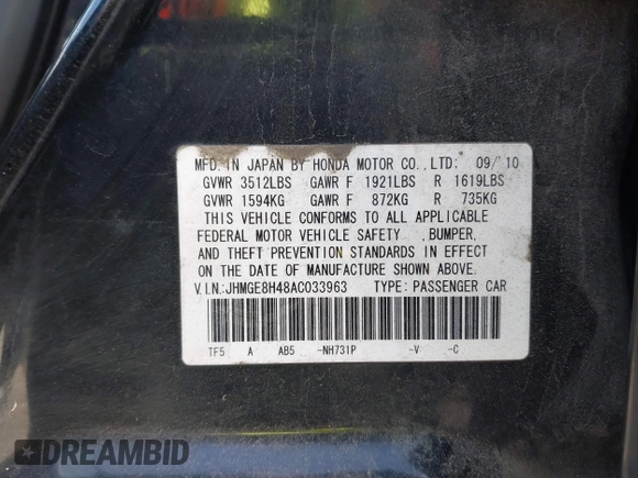 2010 Honda Fit Sport with VIN JHMGE8H48AC033963, listed as a IAAI auction lot 42369577 with 75,429 mi miles and . Bid and sale history available at DreamBid. Image 9.