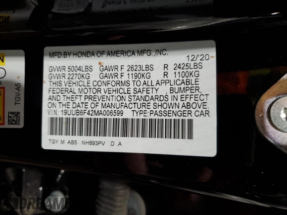 2021 Acura TLX w/Technology Package with VIN 19UUB6F42MA006599, listed as a Copart auction lot 42897175 with 34,447 mi miles and Salvage Title. Bid and sale history available at carsss.com. Image 12.